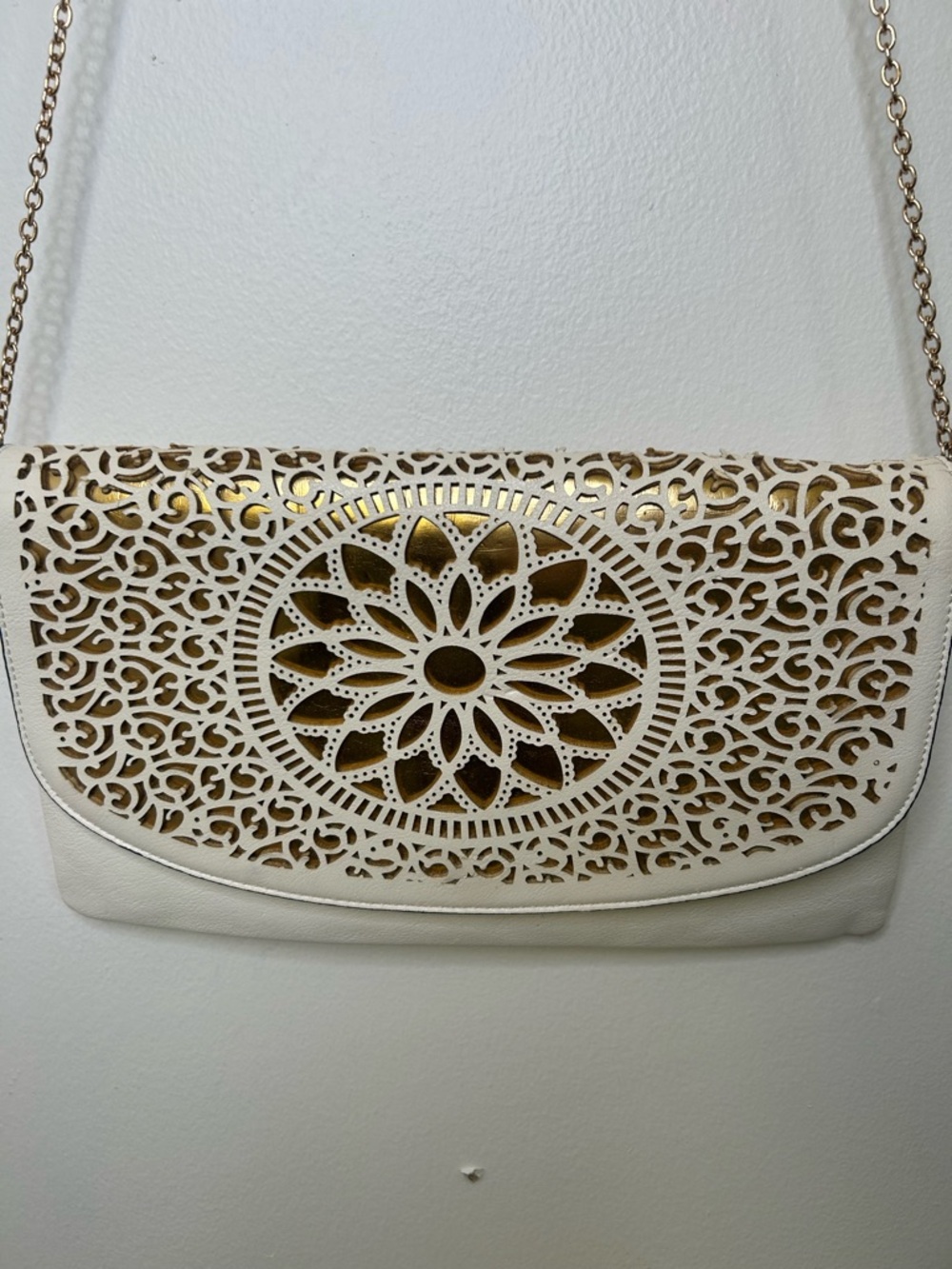 Melie Bianco White and Gold Laser-Cut Crossbody Clutch